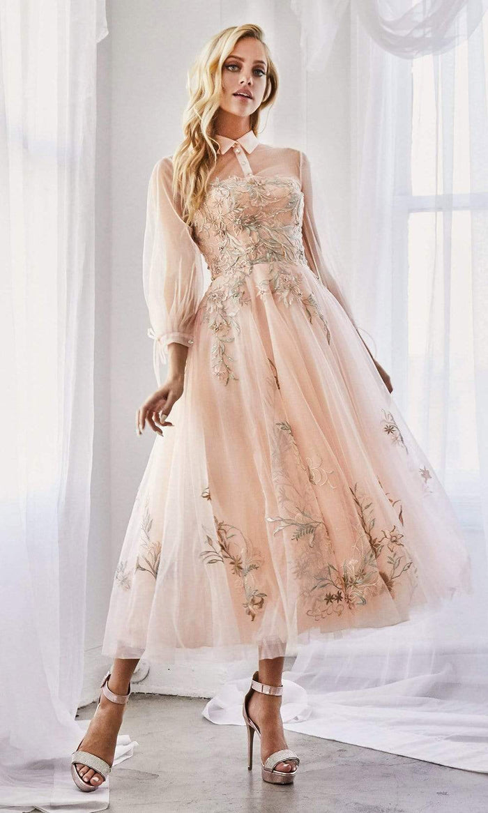 Andrea and Leo - A0862 Embroidered Lace Long Sleeve A-Line Dress Prom Dresses 2 / Blush
