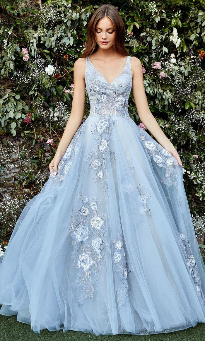 Andrea and Leo - A0893 Floral Embroidered A-Line Gown Evening Dresses 2 / Paris Blue