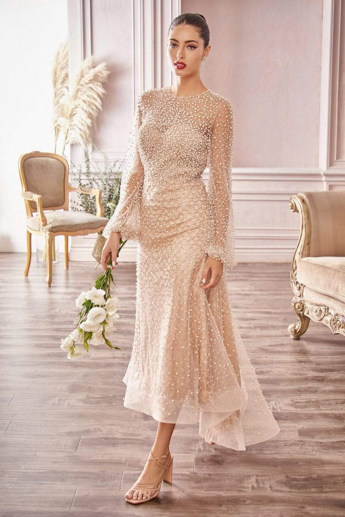 Andrea and Leo - A0997S Pearl Embellished Illusion Sleeve High Low Dress Evening Dresses 2 / Off White-Nude