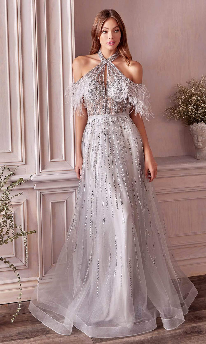 Andrea and Leo - A1023 Fur And Beaded Open Back A-Line Dress Special Occasion Dress 2 / Silver