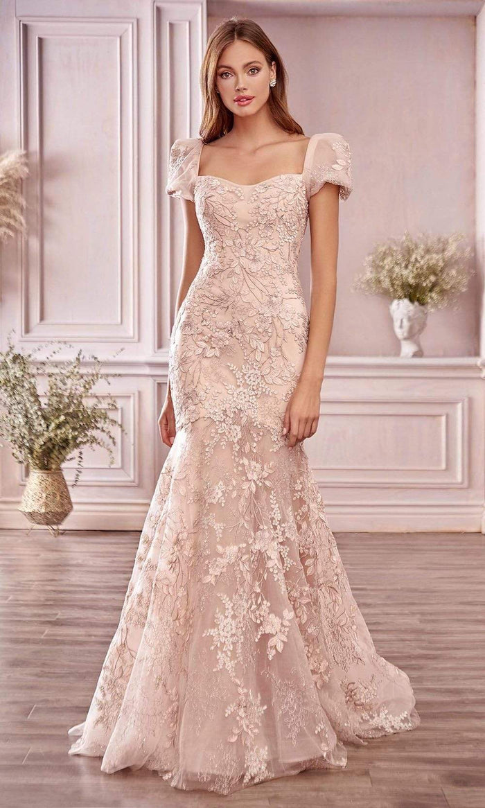 Andrea and Leo - A1025 Puff Sleeve Floral Trumpet Sleeve Mother of the Bride Dresses 2 / Blush