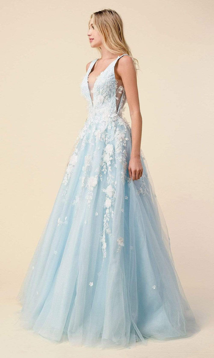 Andrea and Leo - A1028 Floral Applique Deep V Neck Ballgown Ball Gowns 2 / Blue