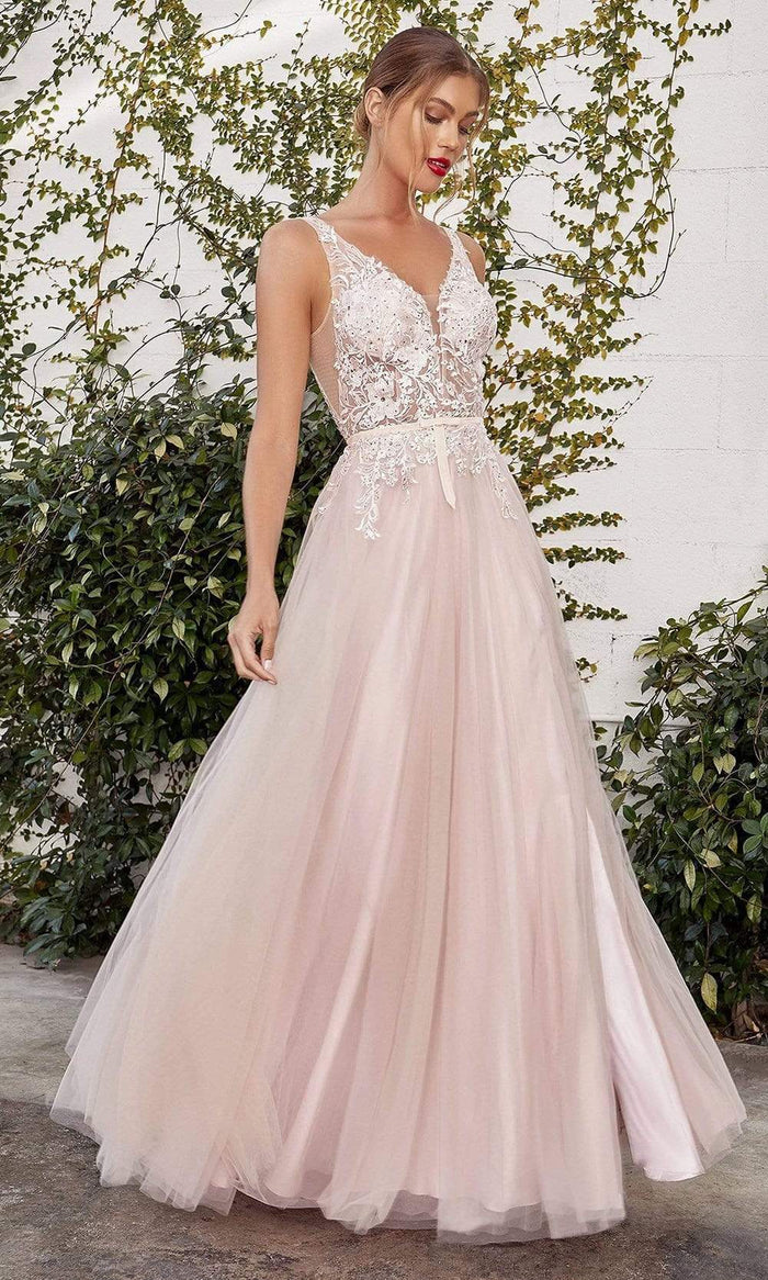 Andrea and Leo - A1045 Appliqued Tulle High Slit Gown Prom Dresses 2 / Nude Blush