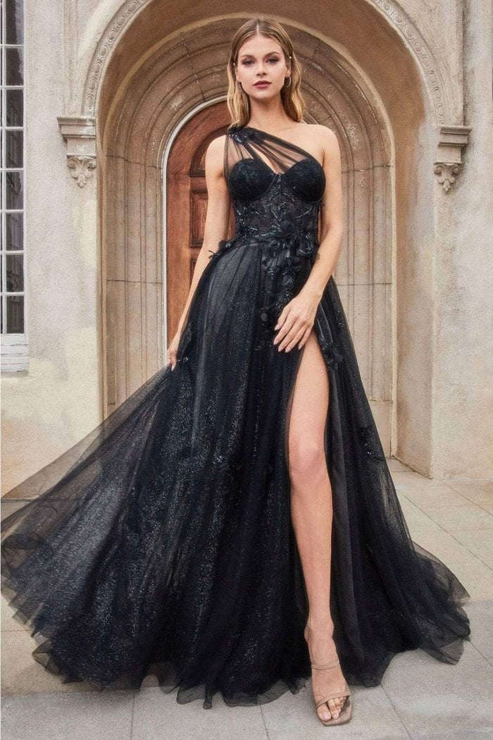 Andrea and Leo A1053 - Applique Tulle Prom Dress with Slit Prom Dresses 2 / Black