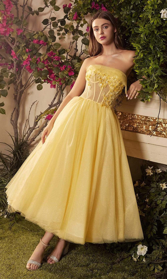 Andrea and Leo - A1055 Strapless Appliqued A-Line Dress Prom Dresses 2 / Yellow
