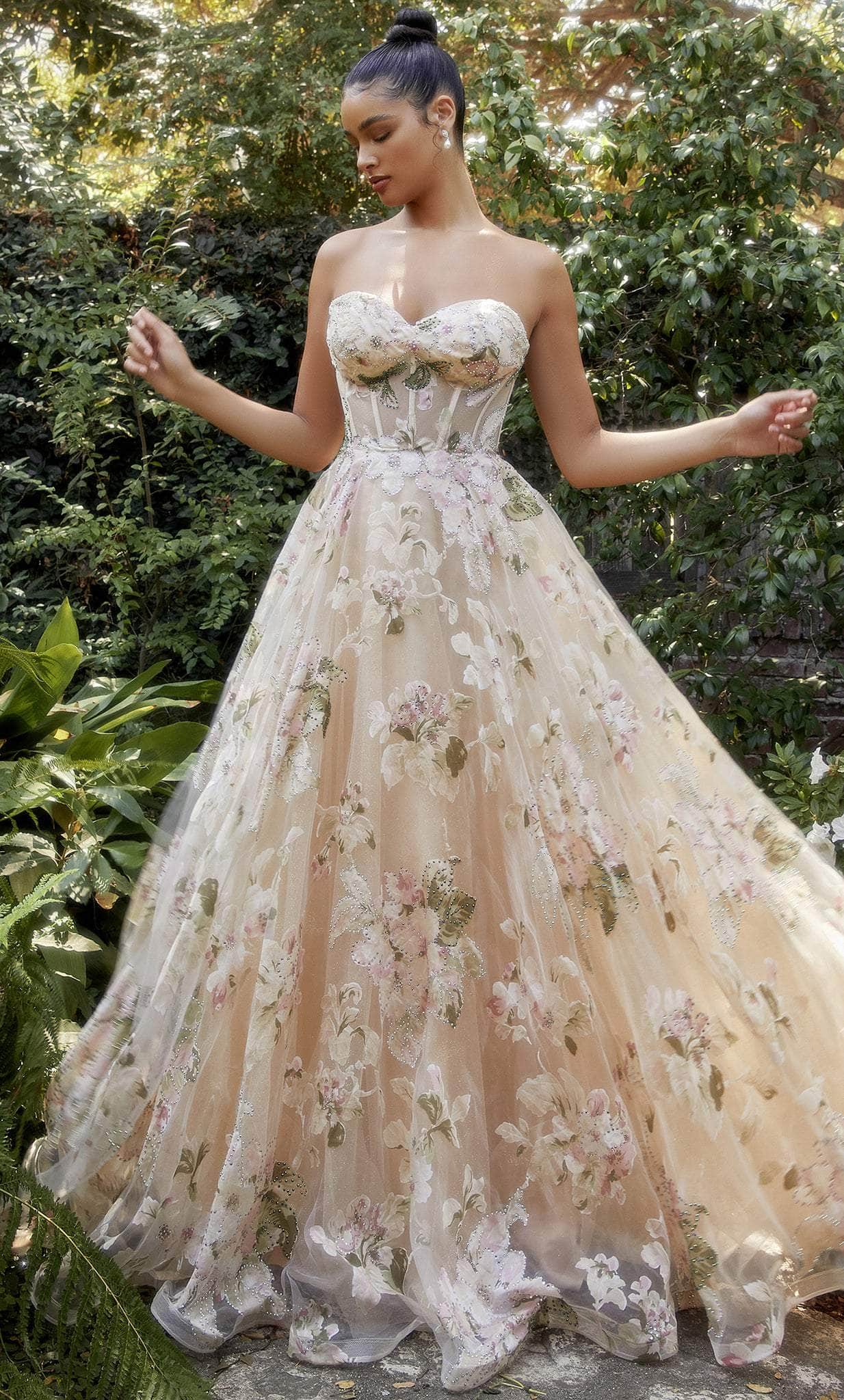 Wedding dress with bustier bodice and floral embroidery