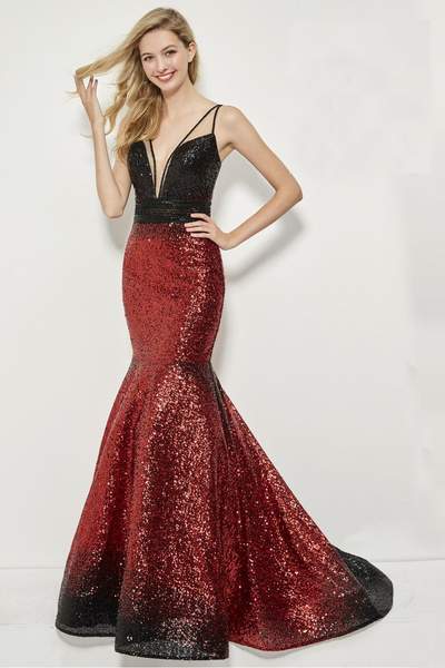 Angela & Alison - 81008 Allover Sequin Ombre Trumpet Gown CCSALE 12 / Black/Red