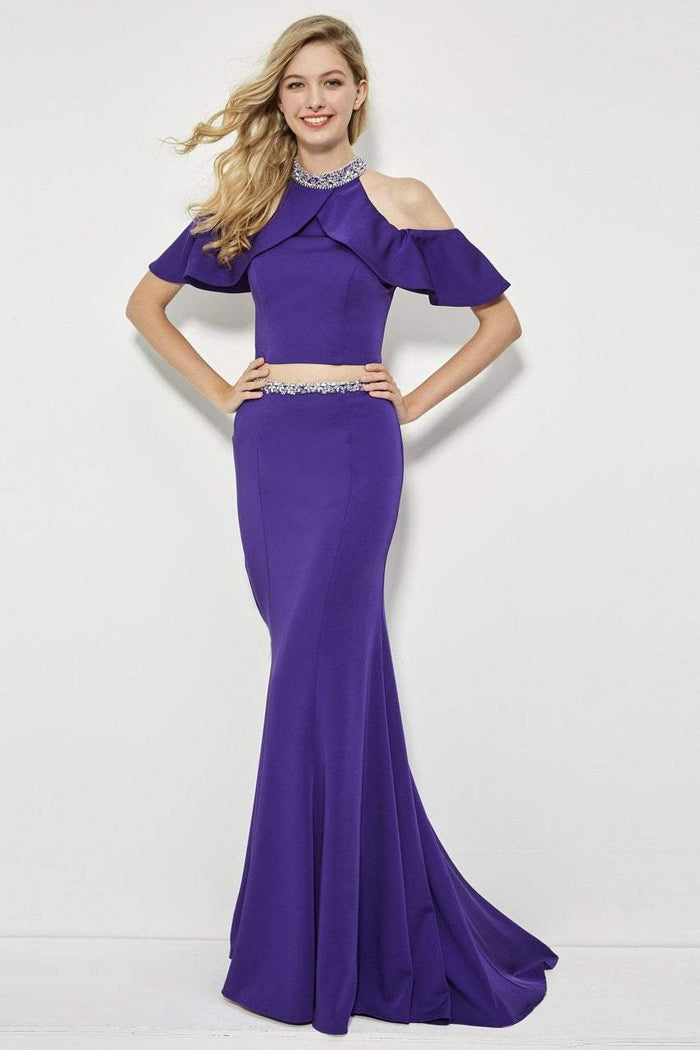Angela & Alison - 81033 Two Piece High Neck Trumpet Gown Special Occasion Dress 0 / Majestic Purple