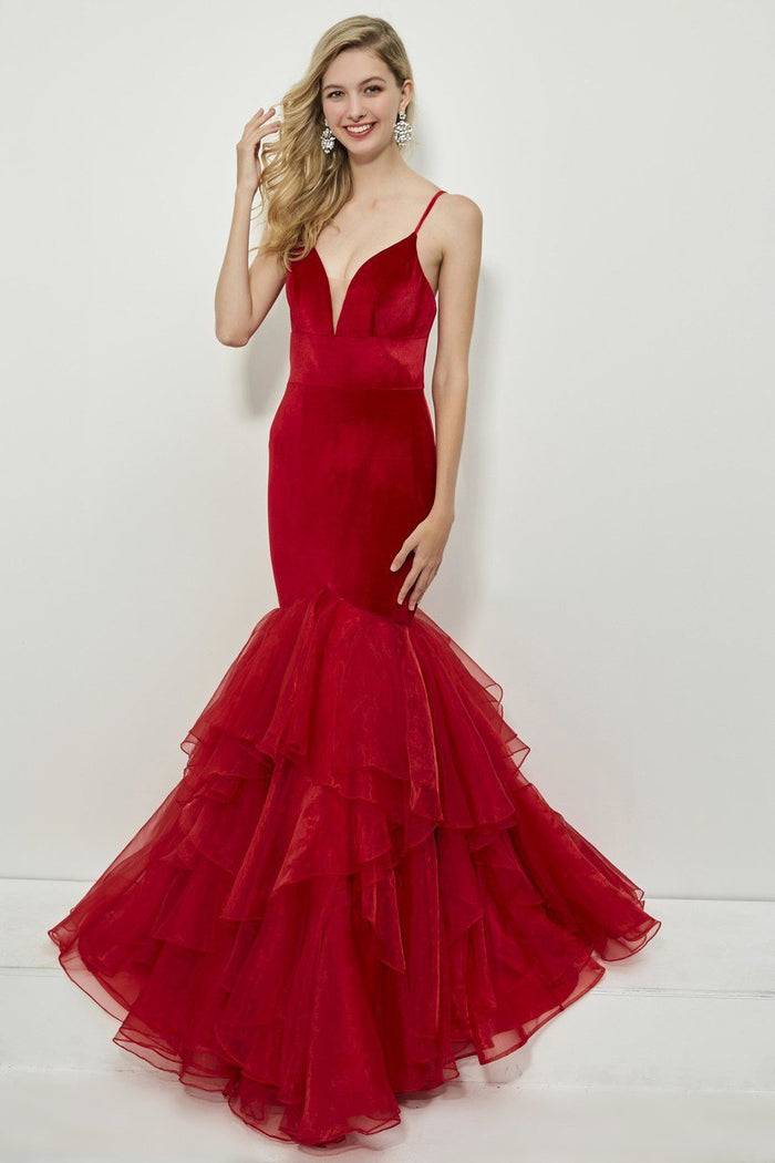 Angela & Alison - 81091 Plunging V-neck Tiered Mermaid Dress Special Occasion Dress 0 / Crimson