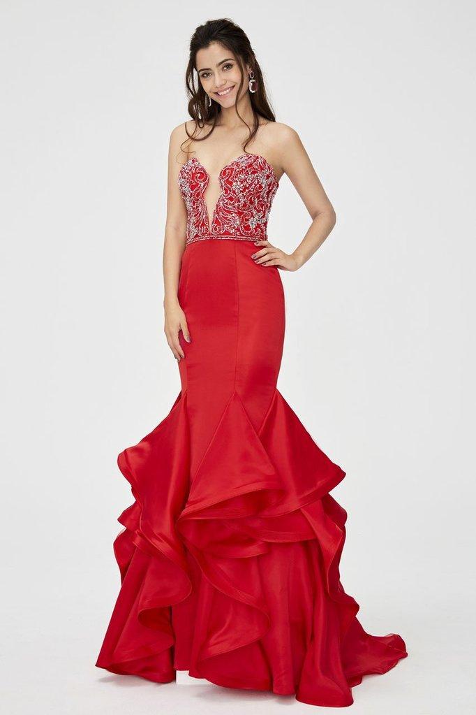 Angela & Alison  - 81139 Beaded Embellished Plunging Illusion Neck Ruffled Mermaid Gown - 1 pc Hot Red in Size 6 Available CCSALE 12 / Hot Red