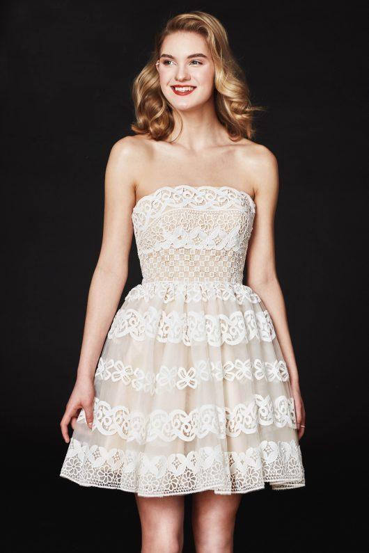 Angela & Alison - 82011 Strapless Embroidered Straight A-line Dress Cocktail Dresses 0 / Ivory