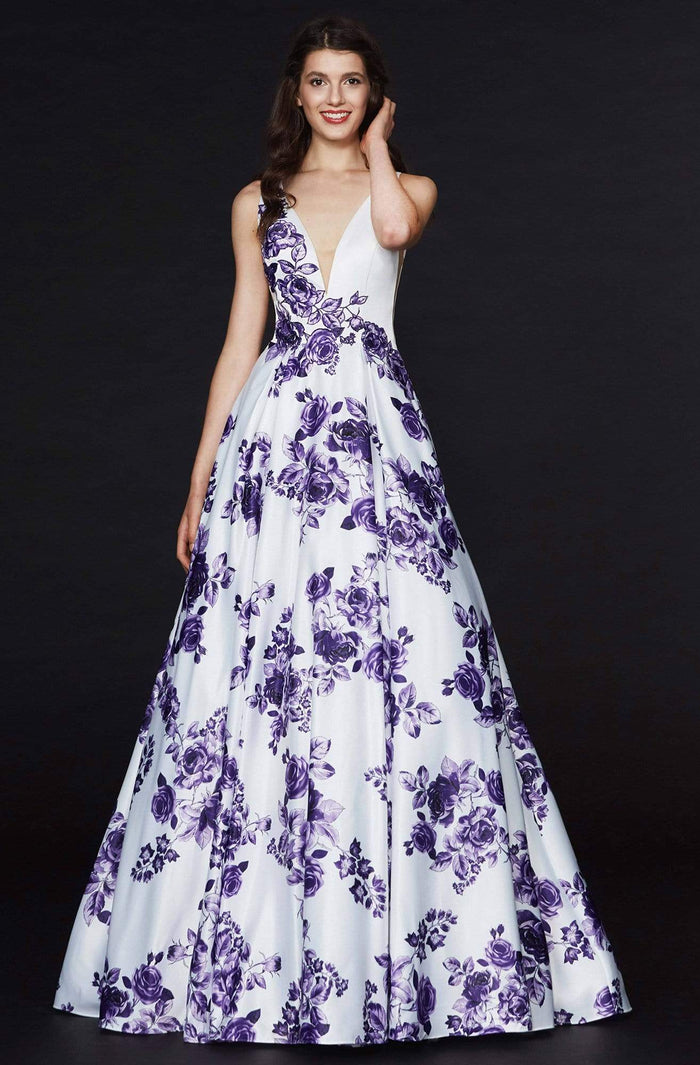 Angela & Alison - 91019 Deep V-neck Floral Satin A-line Dress Special Occasion Dress 0 / Ivory/Purple