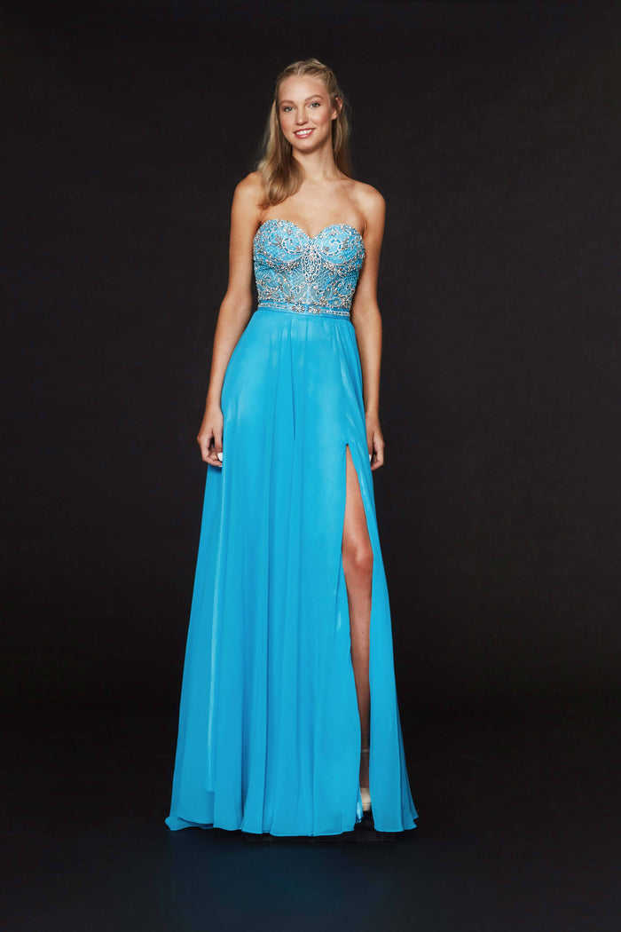 Angela & Alison - 91020 Strapless Illusion Corset High Slit Gown Special Occasion Dress 0 / Turquoise