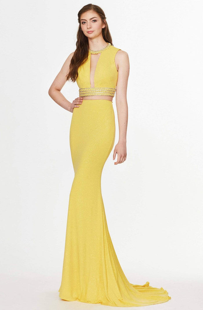 Angela & Alison - 91024 Beaded Plunging Cutout Mermaid Gown Special Occasion Dress 0 / Yellow