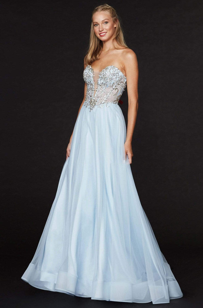 Angela & Alison - 91025 Plunging Illusion Corset Appliqued Gown Special Occasion Dress 0 / Ice Blue