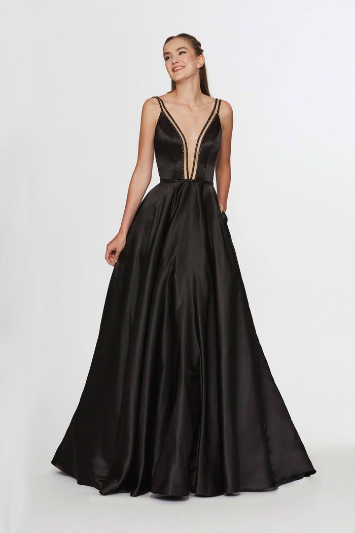 Angela & Alison - 91027 Beaded Illusion Trimmed Plunging Gown Special Occasion Dress 0 / Black