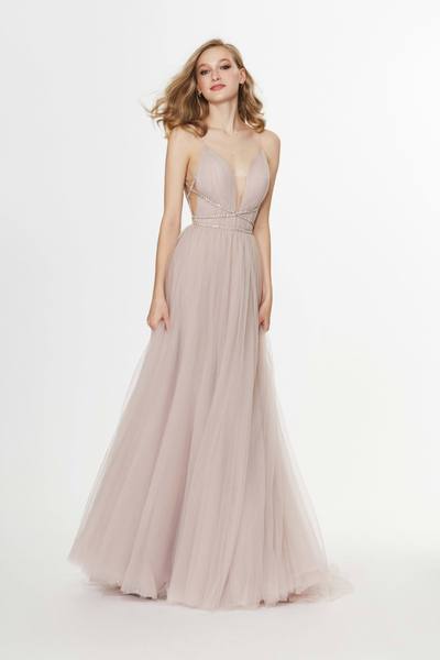 Angela & Alison - 91036 Rhinestone Criscross Waistband Illusion Plunging Soft Net Gown - 2 pcs Rum Pink In Sizes 14 and 18 Available CCSALE 2 / Rum Pink