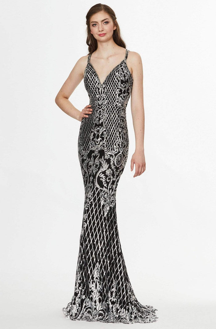 Angela & Alison - 91038 Sequined V-Neck Sheath Evening Gown Special Occasion Dress 0 / Black