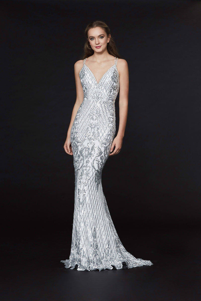 Angela & Alison - 971089 Plunging V-Neck Adorned Trumpet Gown main image 0