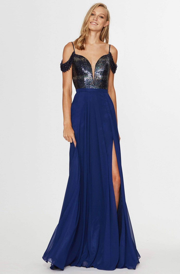 Angela & Alison - 91055 Plunging Cold Shoulder A-Line Gown Special Occasion Dress 0 / Navy