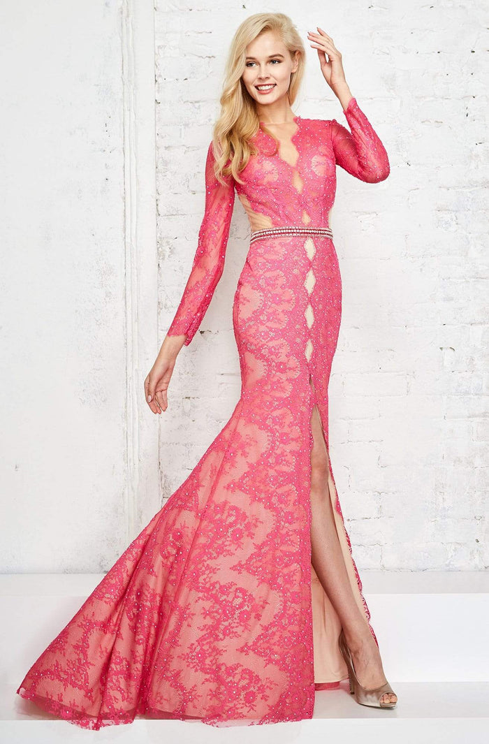 Angela & Alison Long Sleeve Illusion Lace High Slit Gown - 1 pc Fuchsia in Size 2 Available CCSALE 2 / Fuchsia