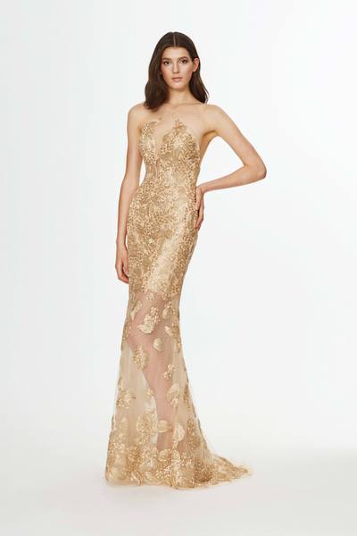 Angela & Alison - Metallic Lace Halter Trumpet Dress 91084 - 1 pc Gold In Size 2 Available CCSALE 2 / Gold