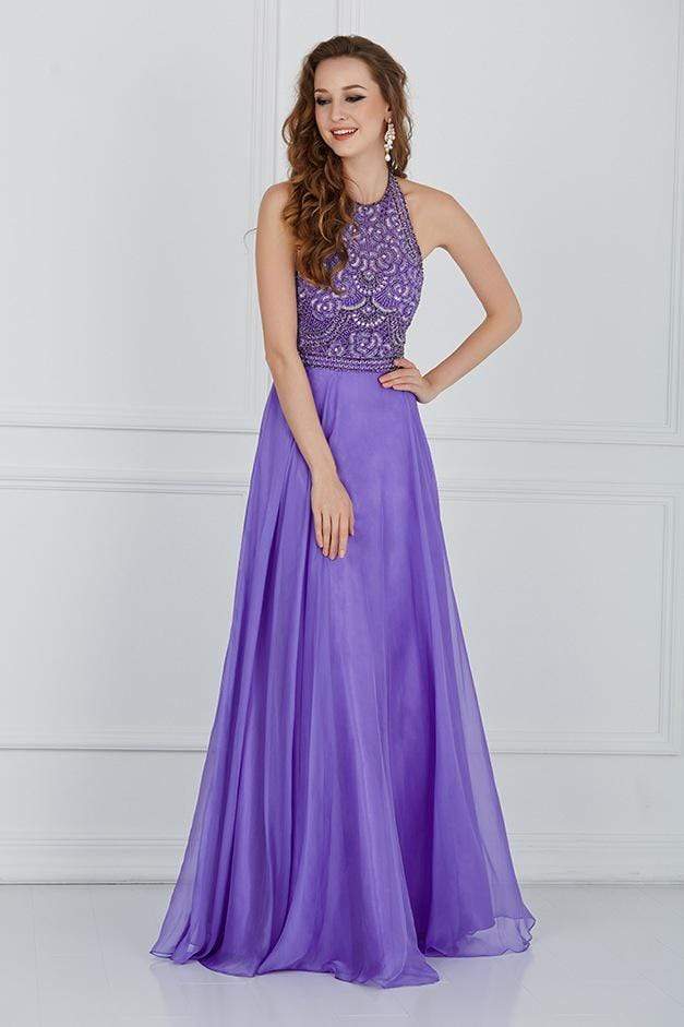 Angela and Alison - Lace Bodice High Neck Tulle Gown 61009 CCSALE 14 / Violet
