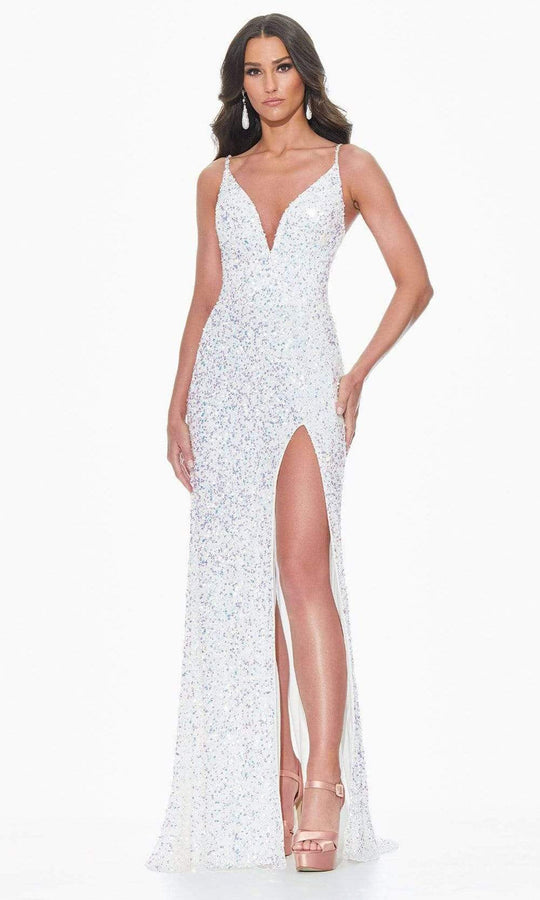 Ashley Lauren - 11037 V-Neck Lace-up Back High Slit Full Sequin Gown
