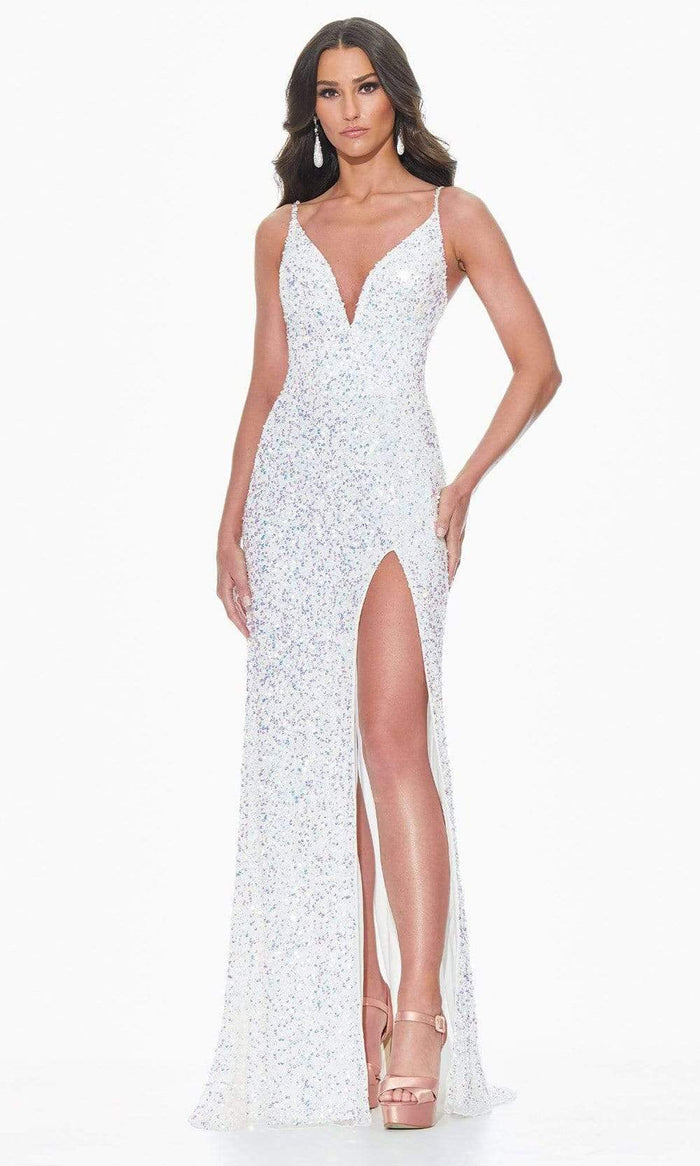 Ashley Lauren - 11037 V-Neck Lace-up Back High Slit Full Sequin Gown Evening Dresses 0 / Ab/Ivory