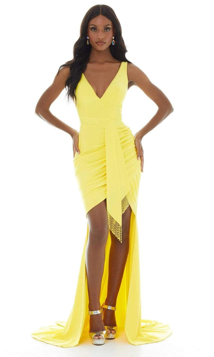 Ashley Lauren - 11051 Sleeveless Fringed Tie Waist High Low Gown Evening Dresses 0 / Yellow