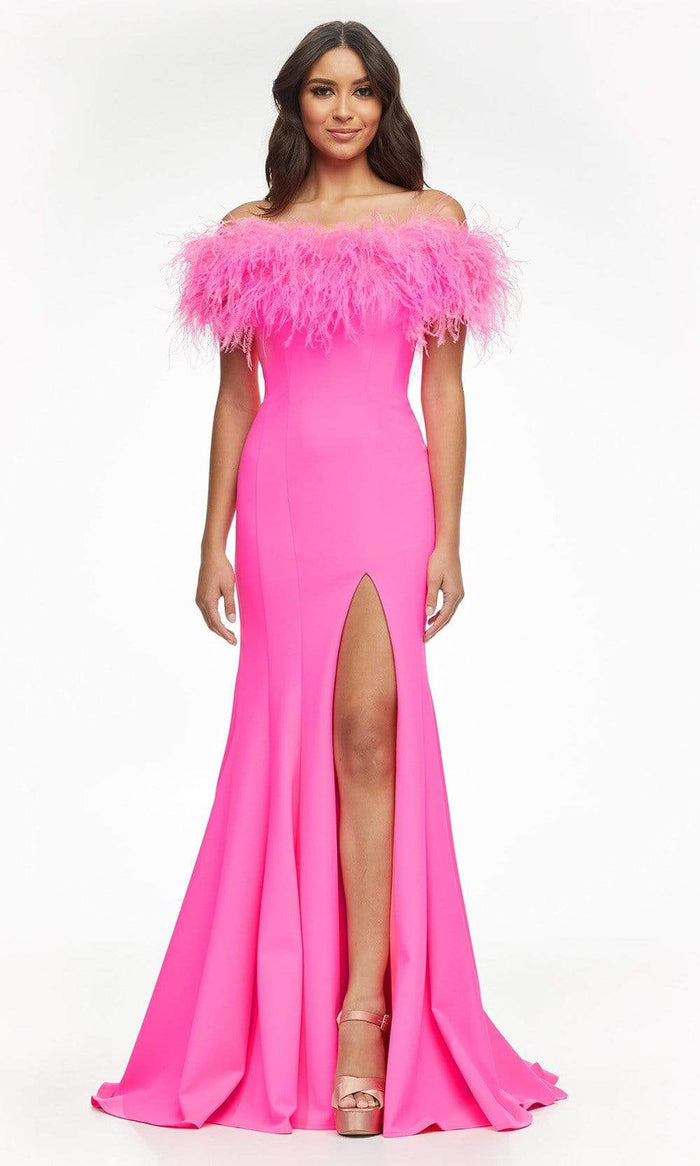 Ashley Lauren - 11099 Feather Detailed Trumpet Gown Evening Dresses 0 / Hot Pink