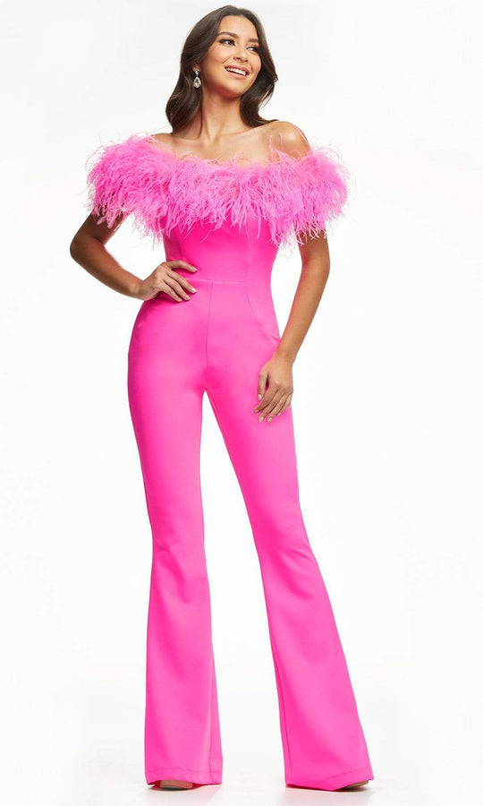 Ashley Lauren - 11100 Feather Neck Off Shoulder Jumpsuit