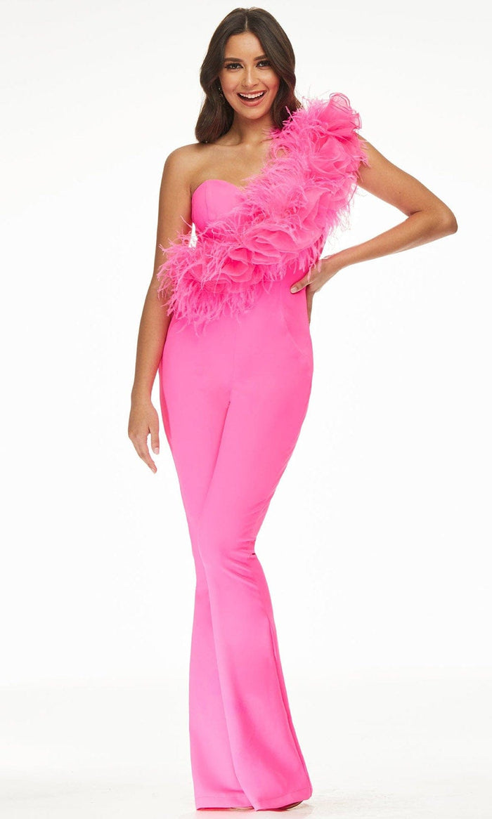 Ashley Lauren - 11106 Feathered Asymmetric Jumpsuit Evening Dresses 0 / Hot Pink