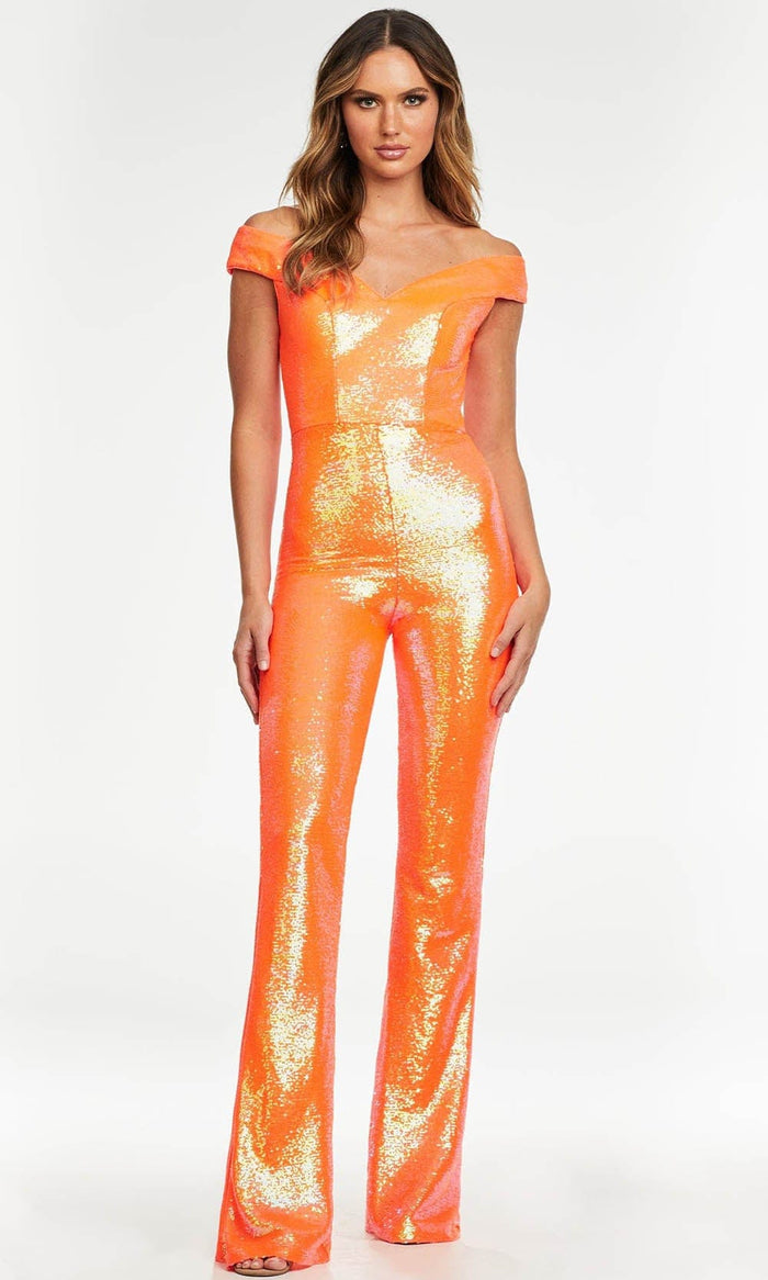 Ashley Lauren - 11111 Off Shoulder Sequin Jumpsuit Evening Dresses 0 / Neon Orange