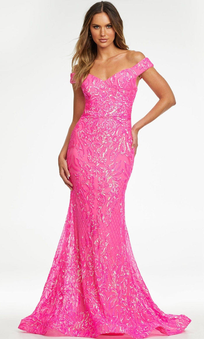 Ashley Lauren - 11115 Intricate Sequin Gown Prom Dresses 0 / Hot Pink