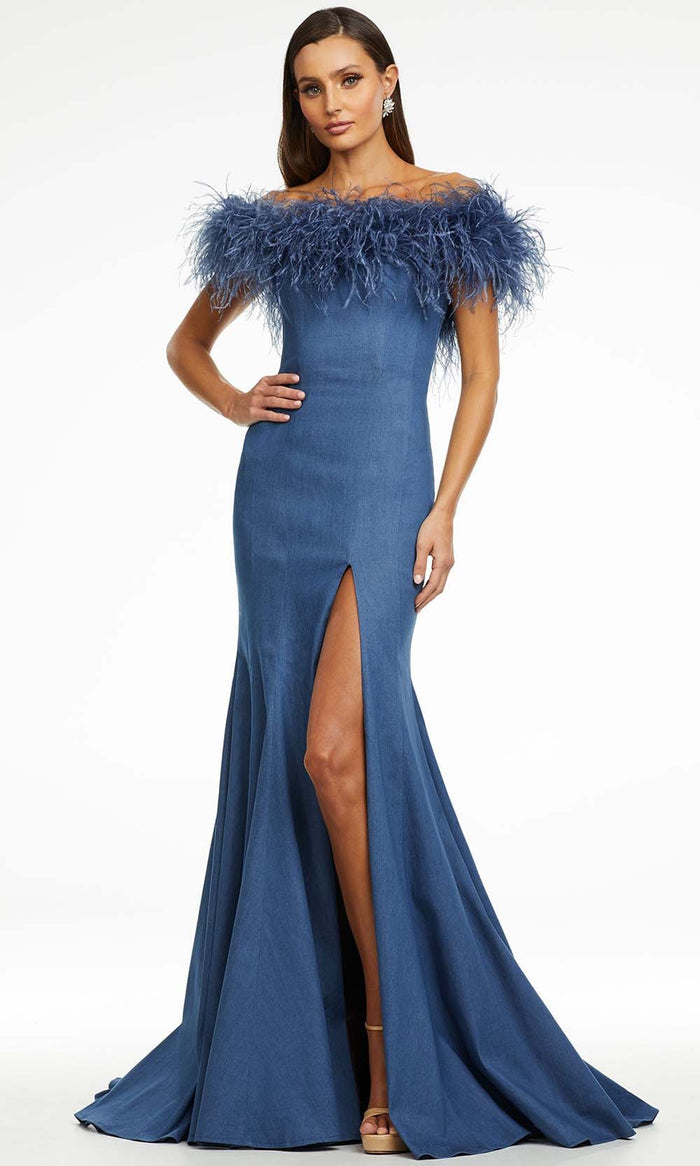 Ashley Lauren - 11122 Off Shoulder Denim Trumpet Gown Evening Dresses 0 / Blue