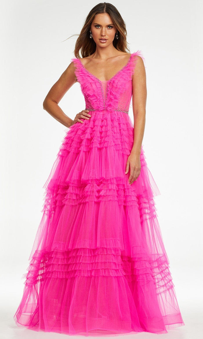 Ashley Lauren - 11142 Plunging V-Neck Tired Ruffle Gown In Pink
