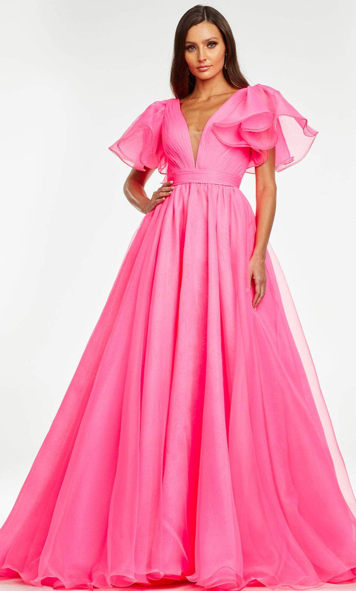 Ashley Lauren 11153 - Voluminous A-line Plunging Gown Prom Dresses 0 / Hot Pink