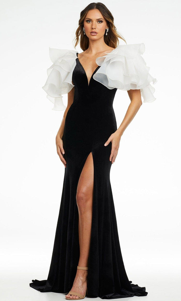 Ashley Lauren - 11172 Ruffled Shoulder High Slit Gown Pageant Dresses 0 / Black/Ivory