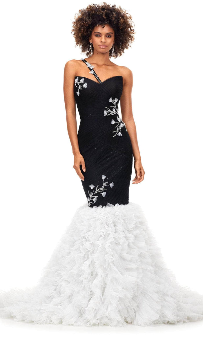 Ashley Lauren 11232 - Asymmetric Strap Tulle Mermaid Gown Special Occasion Dress 0 / Black/White
