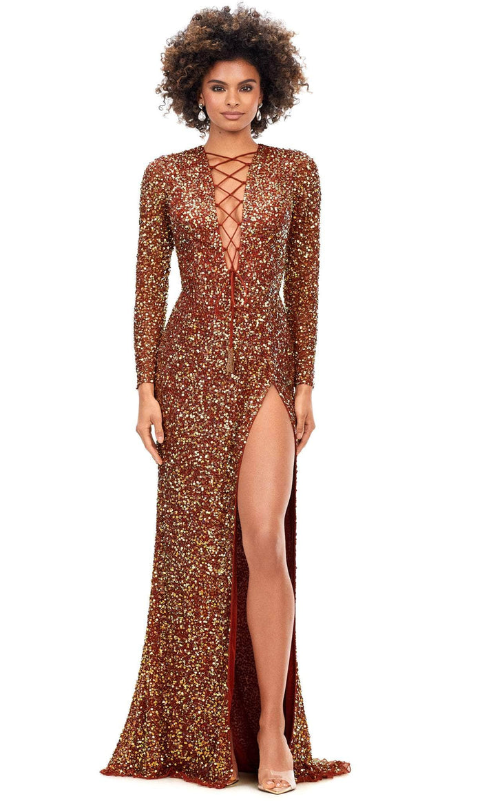 Ashley Lauren 11241 - Lace-Up Long Sleeve Evening Gown Evening Gown 00 / Amber