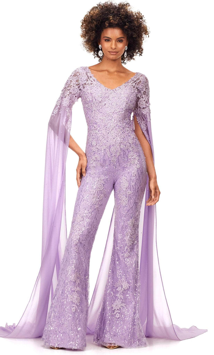 Ashley Lauren 11254 - Embroidered Lace Sheer Sleeved Jumpsuit Special Occasion Dress 0 / Lilac