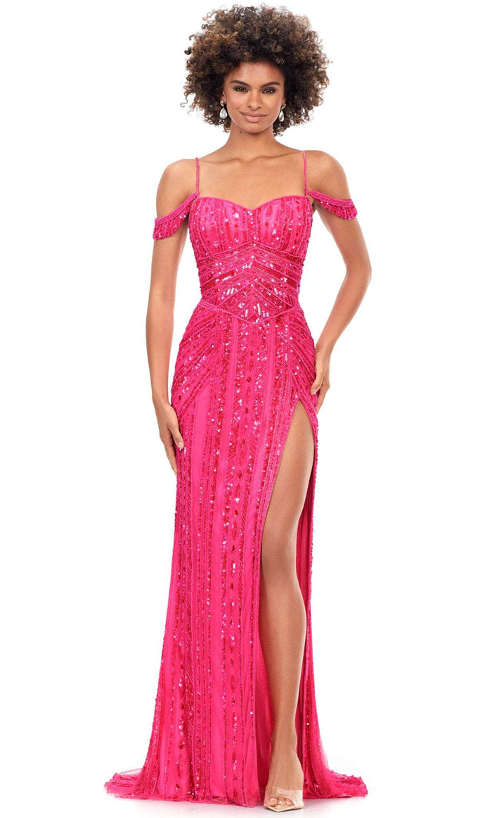 Ashley Lauren 11257 - Sweetheart Off- Shoulder Evening Gown Special Occasion Dress 0 / Neon Pink