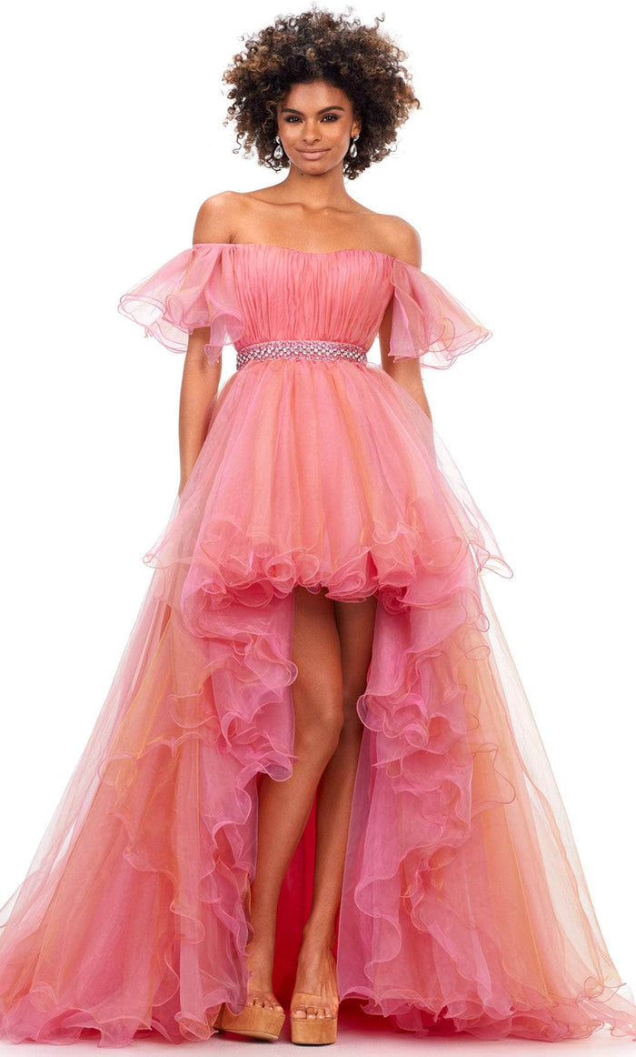 Ashley Lauren 11269 - Off Shoulder Organza High Low Gown Special Occasion Dress 0 / Hot Pink/Blush