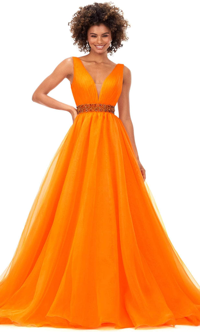 Ashley Lauren 11305 - Plunging V-Neck Ballgown Special Occasion Dress 00 / Orange