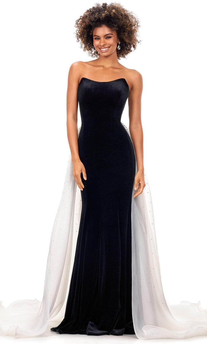 Ashley Lauren 11311 - Overskirt Velvet Evening Gown Special Occasion Dress 0 / Black/Ivory