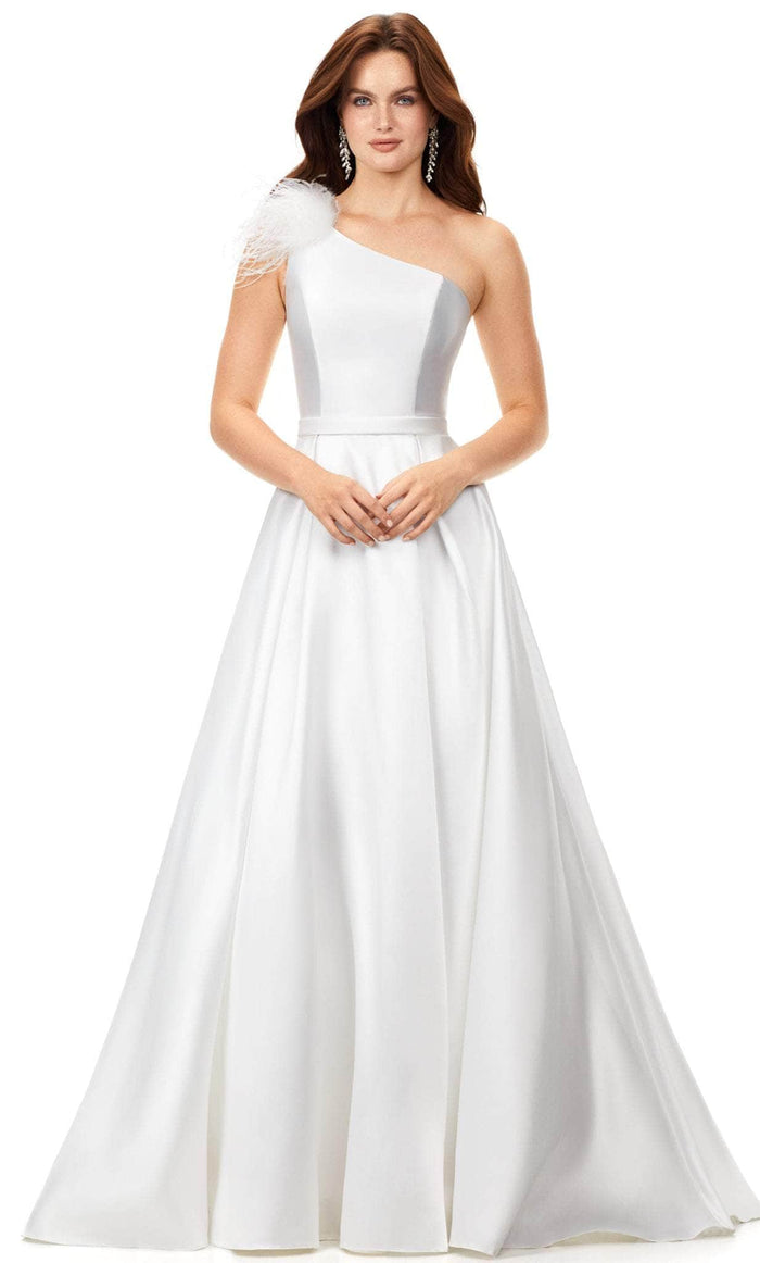 Ashley Lauren 11336 - Feather Detailed One Sleeve Evening Gown Special Occasion Dress 0 / Ivory