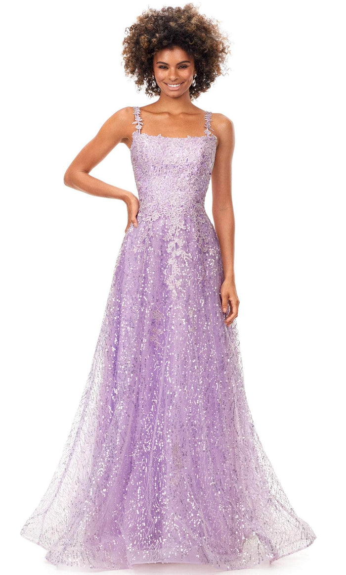 Ashley Lauren 11338 - Floral Embroidered Lace A-line Gown Special Occasion Dress 00 / Lilac