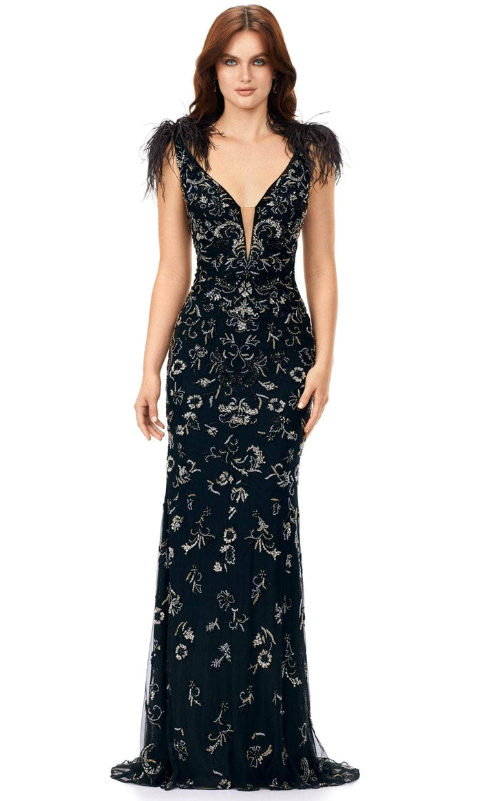 Ashley Lauren 11349 - Sleeveless Feathered Evening Gown Special Occasion Dress 00 / Black