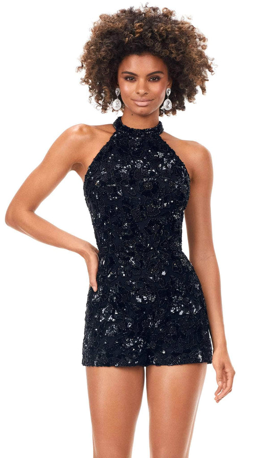 Ashley Lauren 11354 - Beaded Halter Romper With Overskirt